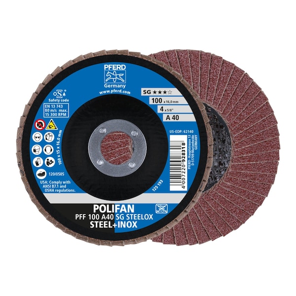Pferd 4 x 5/8" A.H. POLIFAN Flap Disc - A SG STEELOX, Aluminum oxide, 40 Grit, Flat 62140 - main